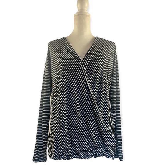TAHARI LONG SLEEVE SURPLICE STRIPED JERSEY WRAP TOP BLACK WHITE LARGE - Picture 4 of 9